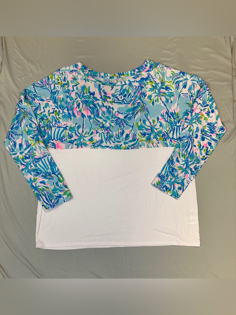 Lilly Pulitzer Floral Print Color Block Long Sleeve Top – Blue, Pink & Green XL